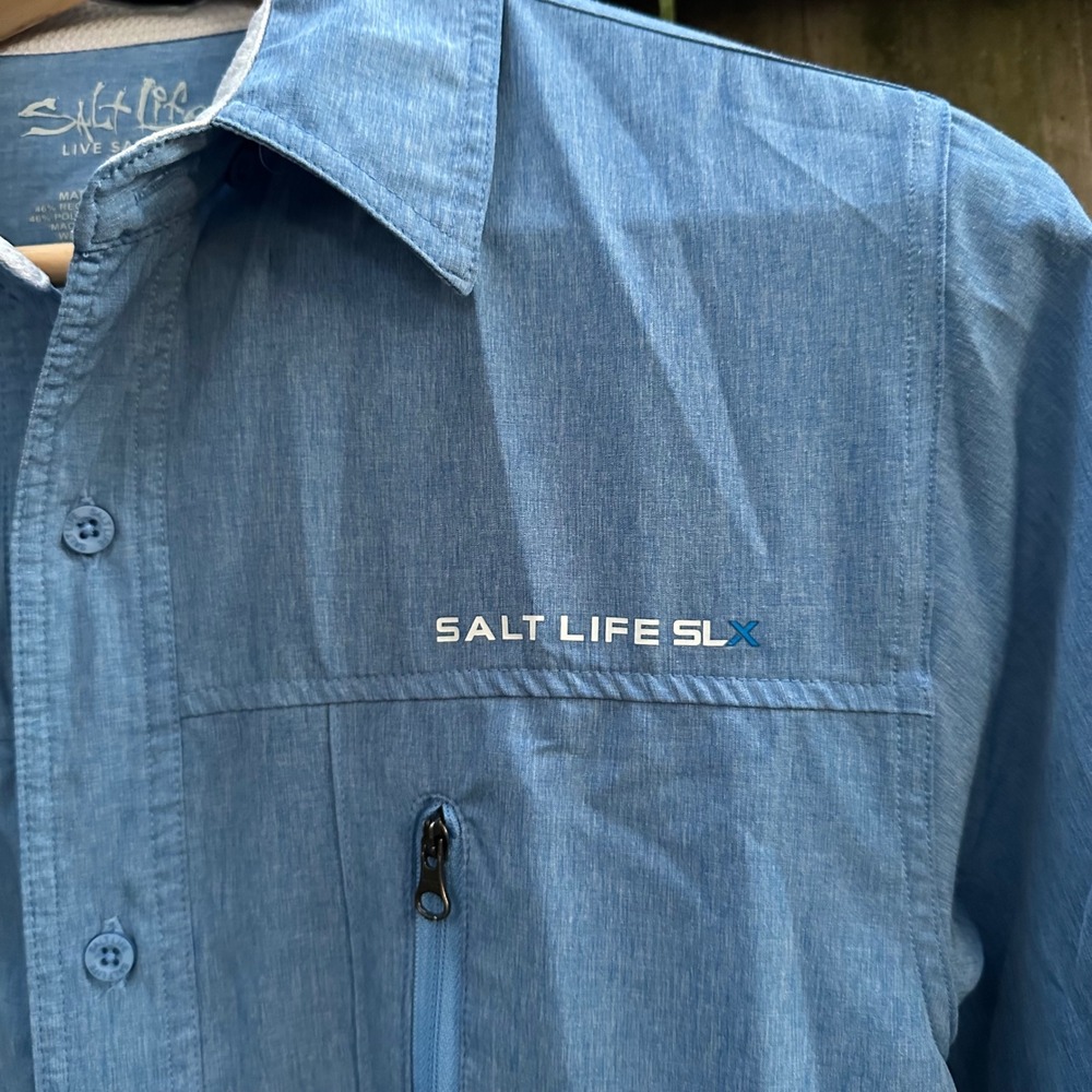 Salt Life Mens Sz Small Blue Short Sleeve Vented Fishing Shirt Stretch Utility - Picture 5 of 10